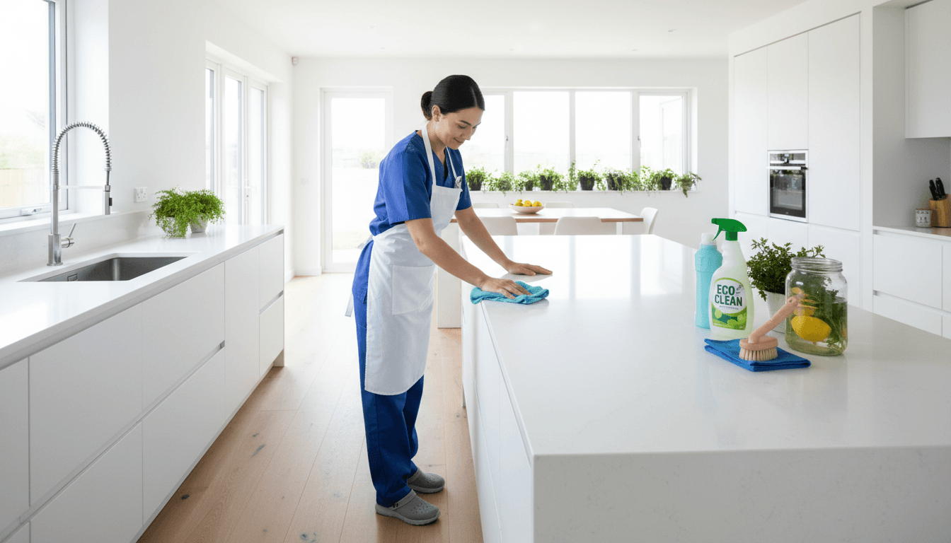 Cleaner wiping a kitchen countertop in a bright room