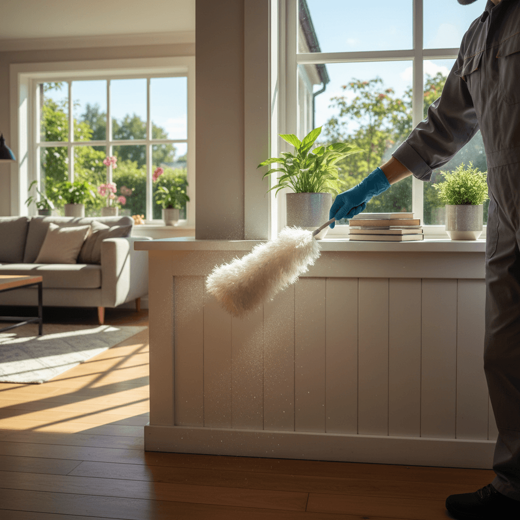 Cleaner wearing gloves dusting a windowsill in a sunny living room