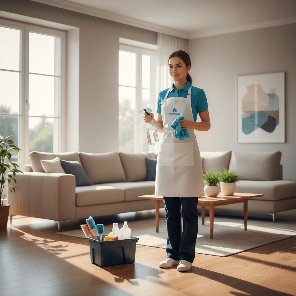 Professional cleaner with cleaning supplies in a Fort Myers home