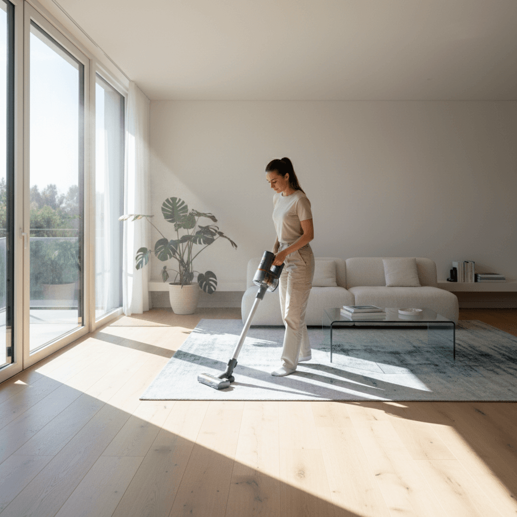 Cleaner vacuuming living room floor with natural light in a bright modern home