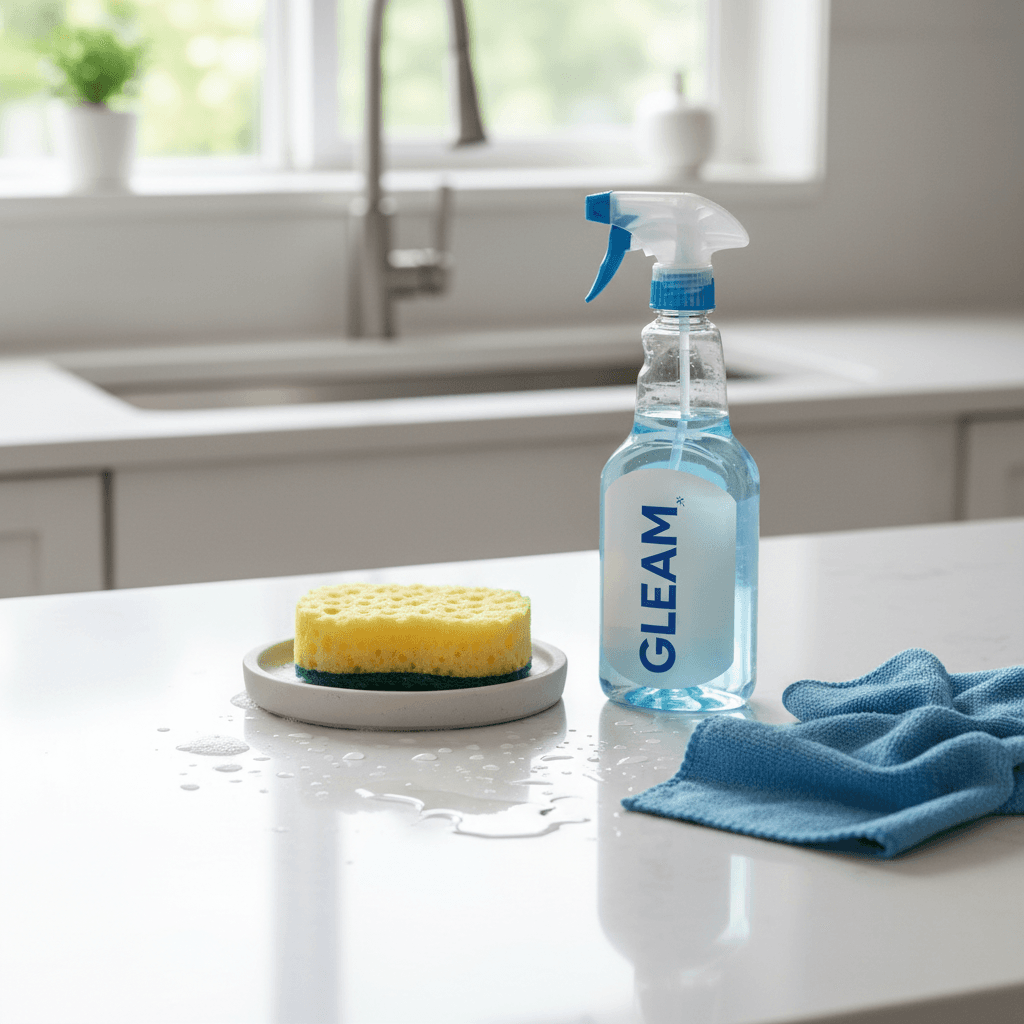 Clean kitchen counter with sponge and cleaning spray after a thorough wipe down